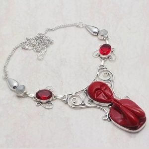 New Carved Praying Goddess Garnet & Rainbow Moonstone 925 Silver Necklace.